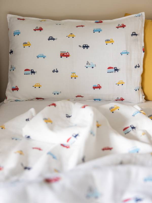Liberina posteljina od pamučnog muslina - pokrivač i jastučnica - Autići
