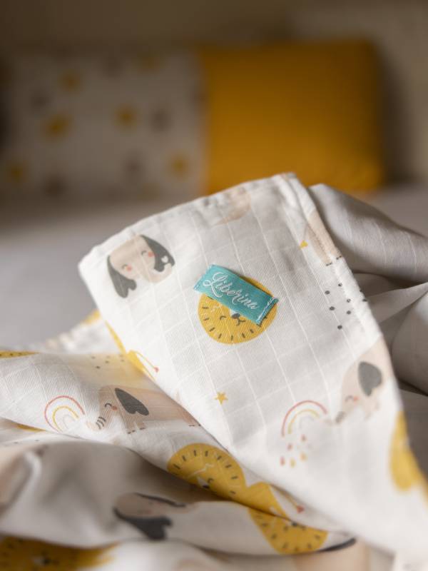 Liberina posteljina od pamučnog muslina - pokrivač, jastučnica, čaršaf -  Slonići